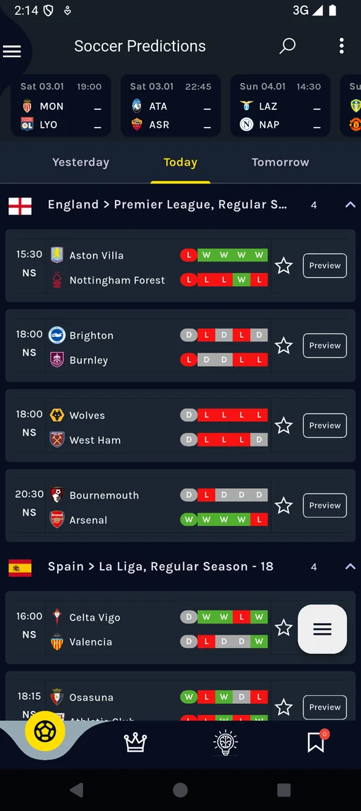 Soccer Predictions Hub dark-mode fixtures screen